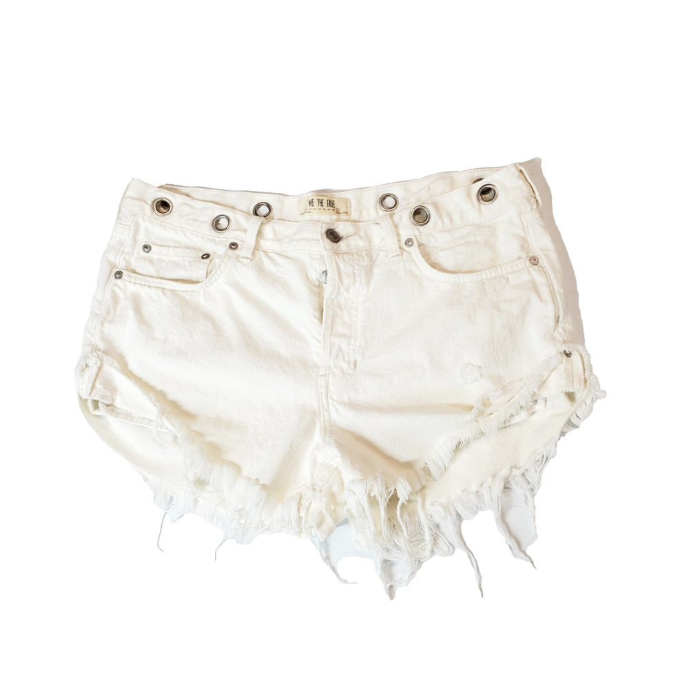 Free People Womens 31 Denim Shorts White‎ Cut-offs Grommet Waist Distressed Jean